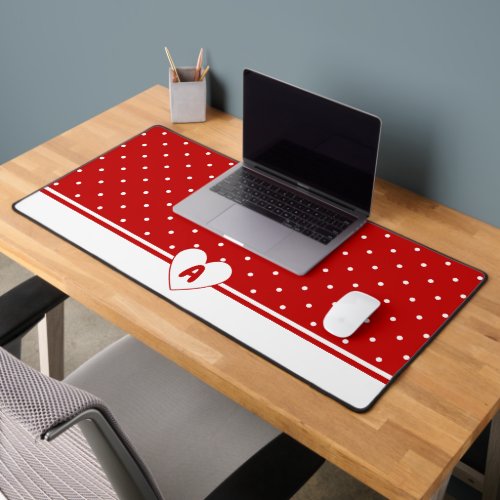 Custom Polka Dot Red White Background Monogram Des Desk Mat