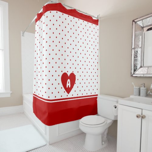 Custom Polka Dot Red White Background Monogram Shower Curtain