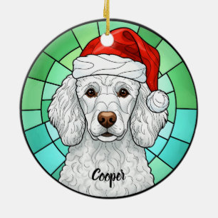 Custom Poodle Dog Santa Hat Stained Glass Ceramic Ornament