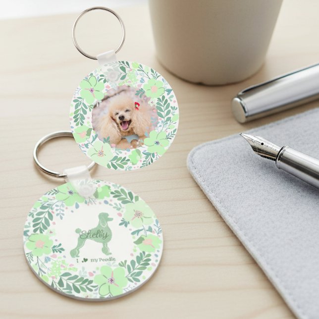 Custom Poodle Photo with Mint Green Floral Wreath Keychain (Creator Uploaded)