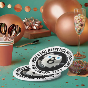 Custom Pool 8 Ball Party BLUE EYES Happy Face 7" Paper Plates