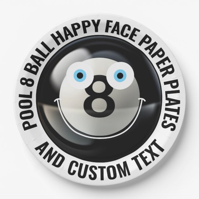 Custom Pool 8 Ball Party BLUE EYES Happy Face 9" Paper Plates (Front)