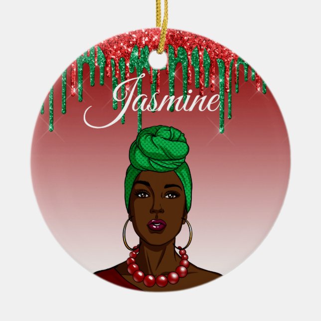 Custom Pop Art Girl  Personalized African American Ceramic Ornament (Front)