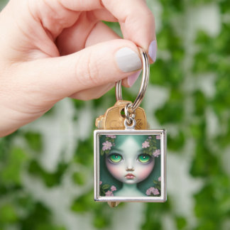 Custom Pop Surrealism Green Eyes Flowers Girl Keychain