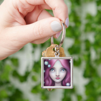 Custom Pop Surrealism Pink Hair Pearls Girl Keychain