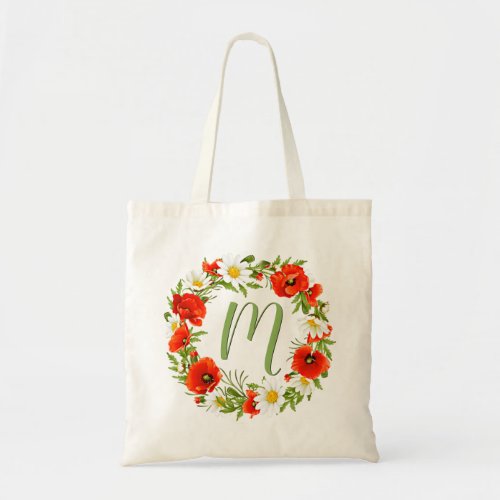 Custom Poppies Daisies Monogram Flower Wreath Tote Bag