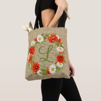 Custom Poppies Daisies Monogram Flower Wreath Tote Bag