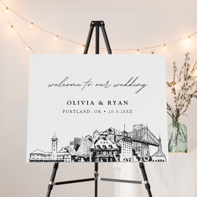 Custom Portland Wedding Skyline Welcome Sign (In Situ (Stand))