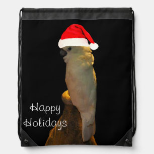 Custom Posing santa holiday Cockatoo bird Drawstring Bag