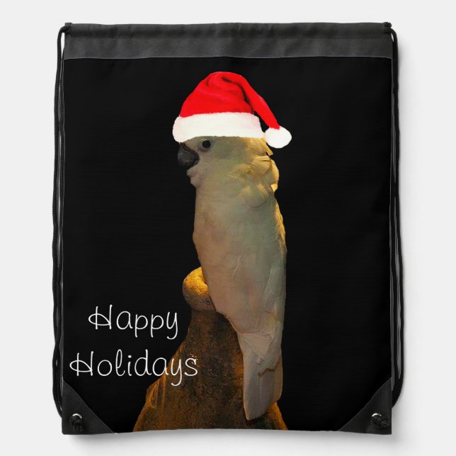 Custom Posing santa holiday Cockatoo bird Drawstring Bag (Front)