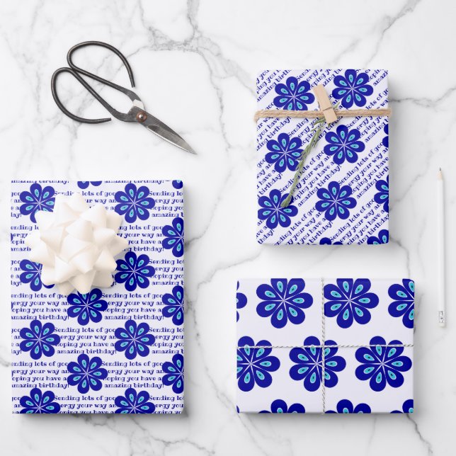 Custom Positive Vibes, Blue Floral Evil Eye Amulet Wrapping Paper Sheets (Front)