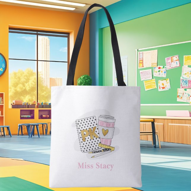 Custom Pre K Gold Teacher White Notebook School Tote Bag (Creator Uploaded)