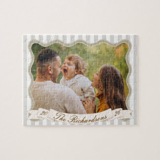Custom Preppy Beige Striped Family Photo Name Year Jigsaw Puzzle