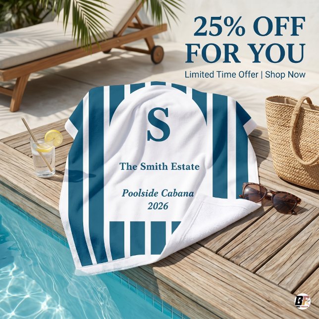 Custom Preppy Navy Striped Monogram Poolside Caban Bath Towel Set (#vacation)