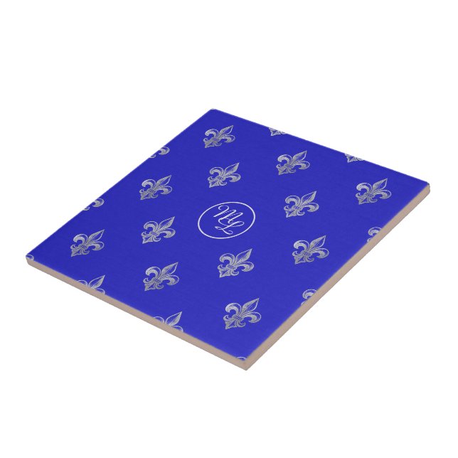 Custom Preppy Royal Blue Fleur de Lis Ceramic Tile (Side)