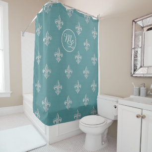 Custom Preppy teal blue Fleur de Lis Shower Curtain