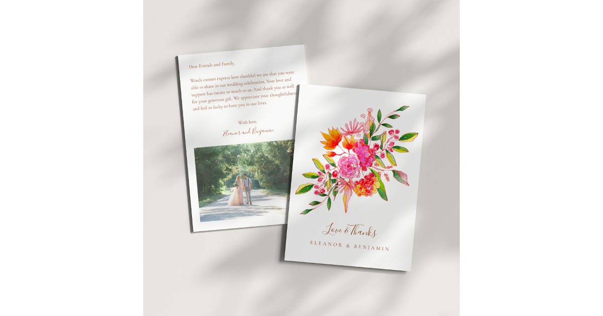Custom Preprinted Pink Orange Floral Photo Wedding Thank You Card | Zazzle