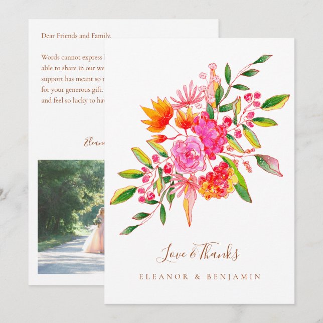 Custom Preprinted Pink Orange Floral Photo Wedding Thank You Card (Front/Back)