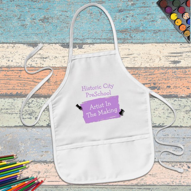 Custom Preschool Artist Violet Scrap Paper Artwork Kids' Apron (Time for some fun? Personalize this apron for a gift or a school or child care business accessory.)