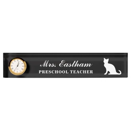 Custom preschool teacher cat clock desk nameplate