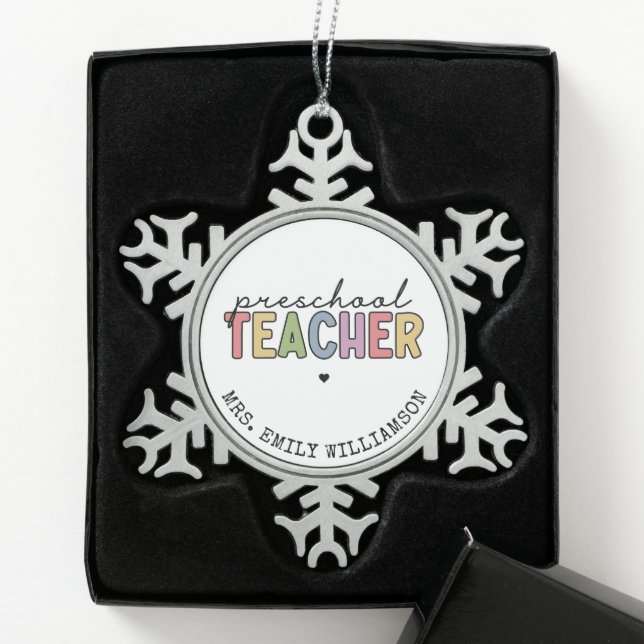 Custom Preschool Teacher Personalized Gifts Snowflake Pewter Christmas Ornament (Box)