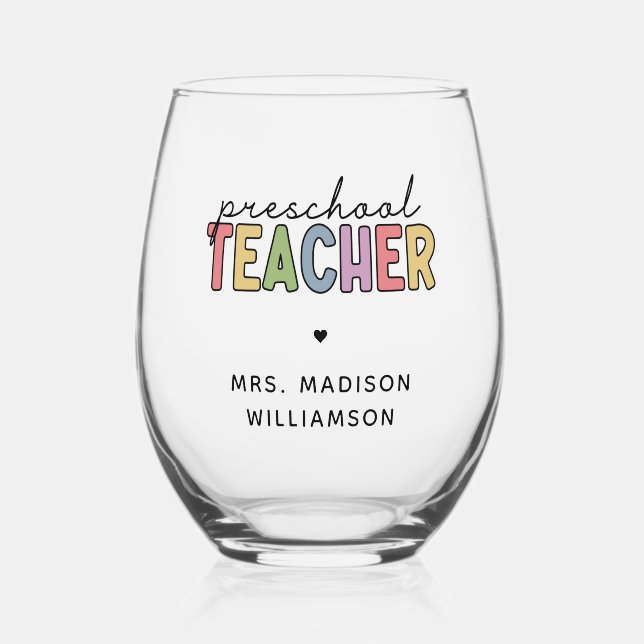 Custom Preschool Teacher Personalized Gifts Stemless Wine Glass (Front)