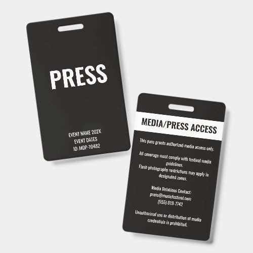 Custom Press Media Access Concert Festival White Badge