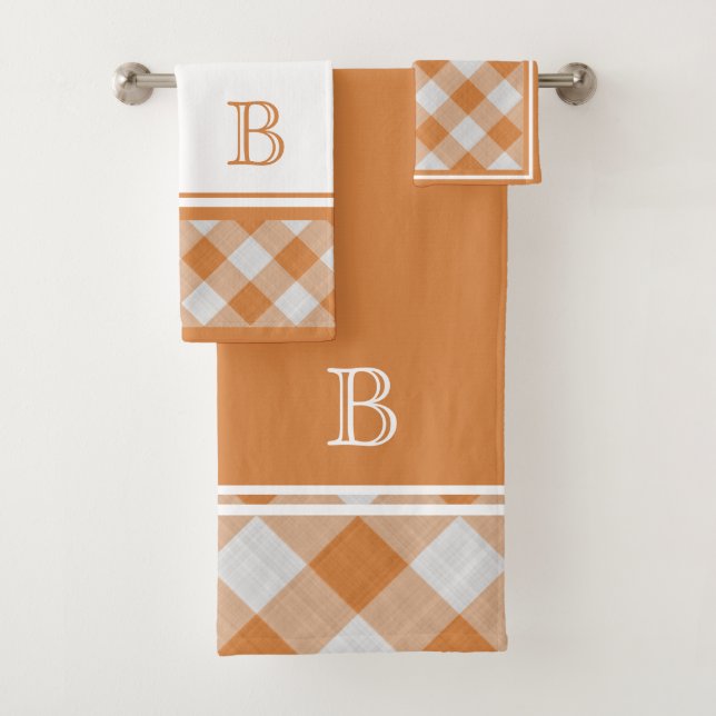 Custom Pretty Apricot Orange Shabby Chic Checks Bath Towel Set (Insitu)