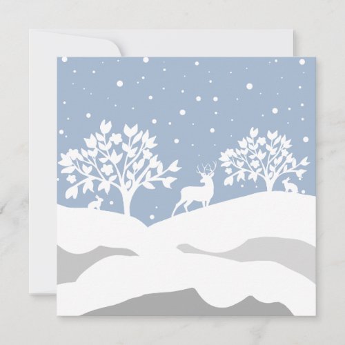 Custom Pretty Blue Winter Deer Hare Tree Scene Holiday Card