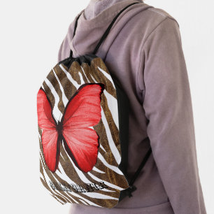 Custom pretty butterfly White zebra leather Drawstring Bag