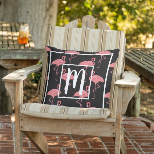 Custom Pretty Flamingo Watercolor On Black Outdoor Pillow