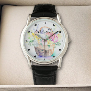 Custom Pretty Flower Basket Watercolor Botanical Watch