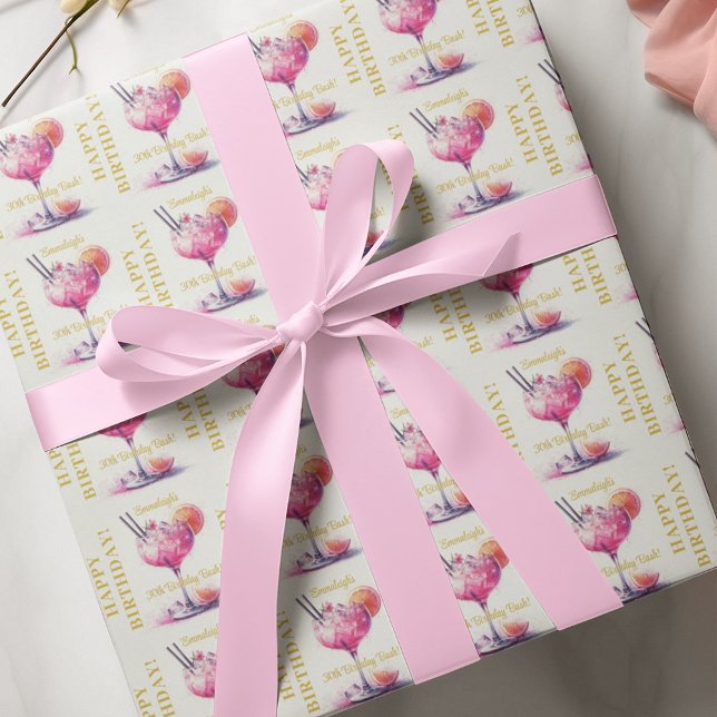Custom Pretty in Pink Cocktail Happy Birthday Bash Wrapping Paper (Creator Uploaded)