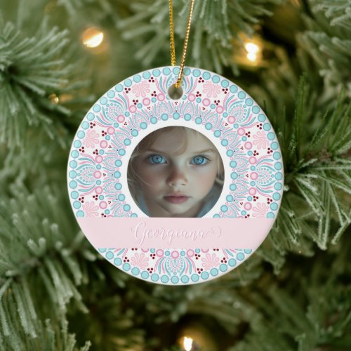 Custom Pretty Pastel Pink and Blue Mandala Frame Ceramic Ornament