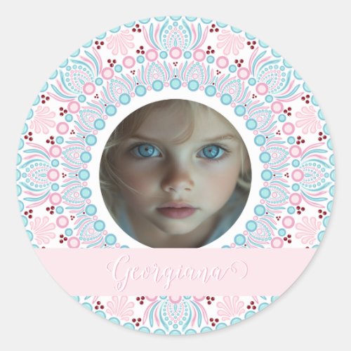 Custom Pretty Pastel Pink and Blue Mandala Frame Classic Round Sticker