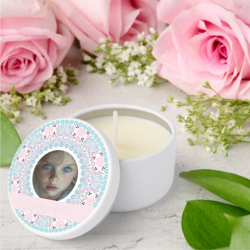 Custom Pretty Pastel Pink and Blue Mandala Frame Mini Candle Favors