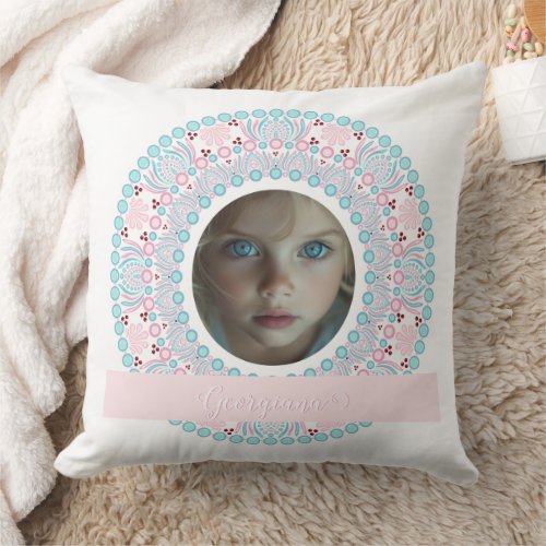 Custom Pretty Pastel Pink and Blue Mandala Frame Throw Pillow