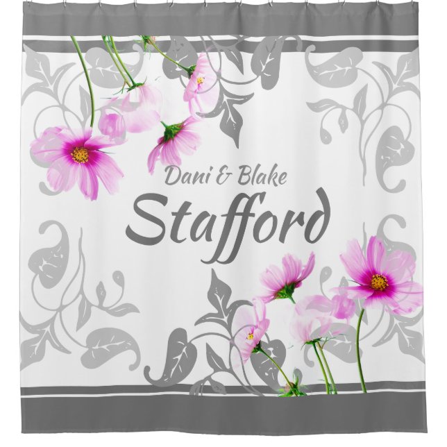 Custom Pretty Pink Cosmos Elegant Grays Your Name  Shower Curtain (Front)