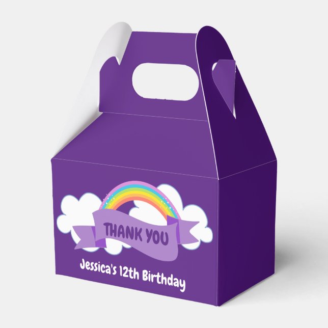Custom Pretty Purple Rainbow Birthday Party Favor Boxes (Front Side)