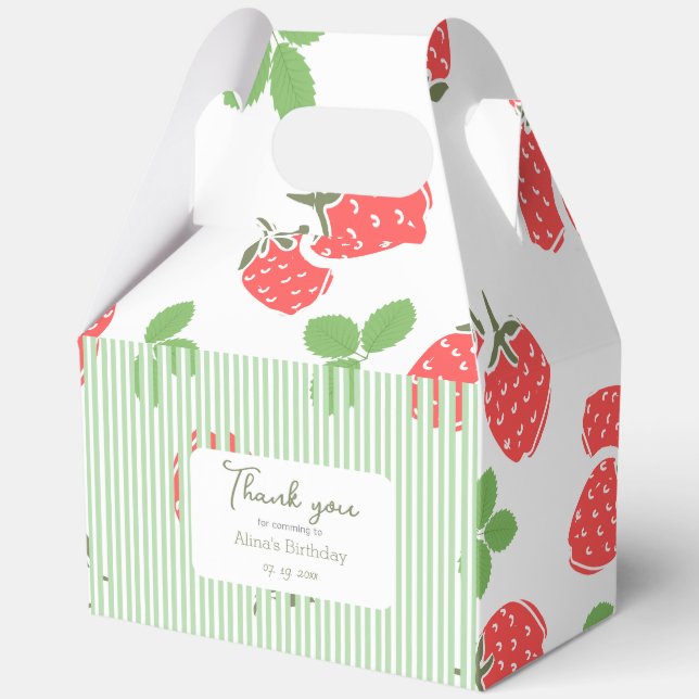 Custom pretty strawberry and stripes Green RE Favor Boxes (Front)