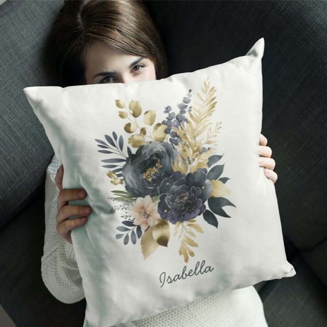 Custom Pretty Watercolor Black Gold Floral Throw Pillow (Creator Uploaded)