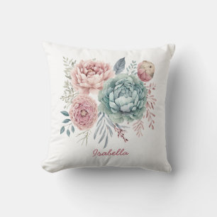 Custom Pretty Watercolor Dusty Blue Pink Floral Throw Pillow