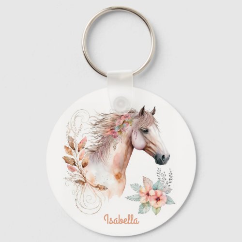 Custom Pretty Watercolor Floral Boho Horse Keychain