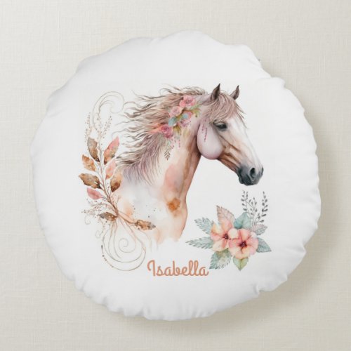 Custom Pretty Watercolor Floral Boho Horse Round Pillow