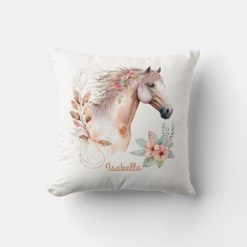 Custom Pretty Watercolor Floral Boho Horse Throw Pillow