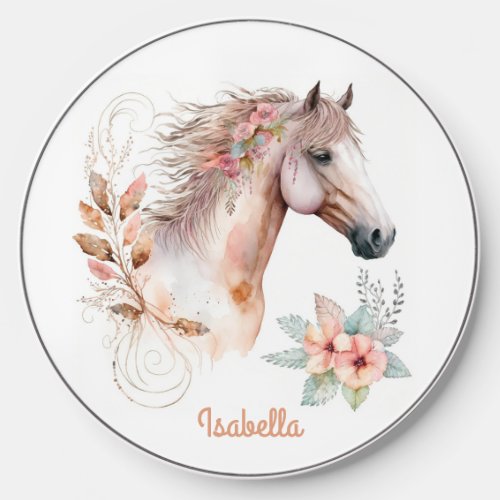 Custom Pretty Watercolor Floral Boho Horse Wireless Charger