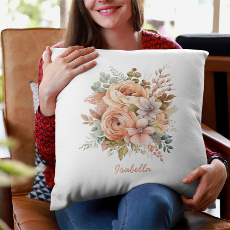 Custom Pretty Watercolor Peach Floral Throw Pillow
