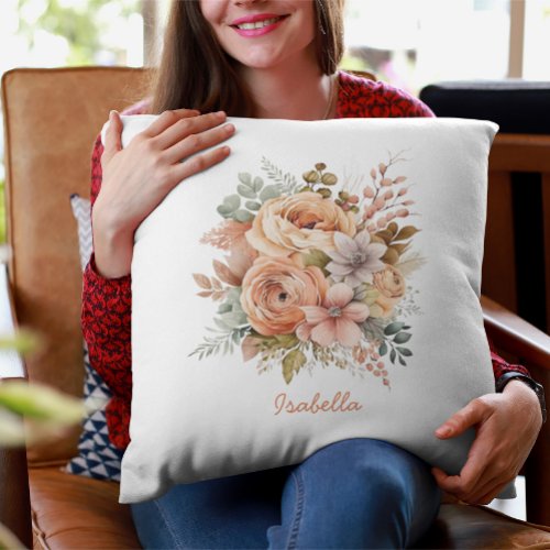 Custom Pretty Watercolor Peach Floral Throw Pillow