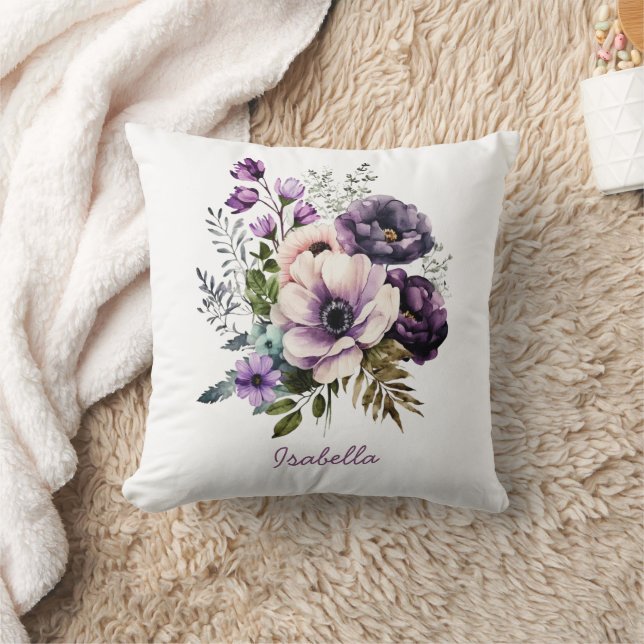 Custom Pretty Watercolor Purple Floral Throw Pillow (Blanket)