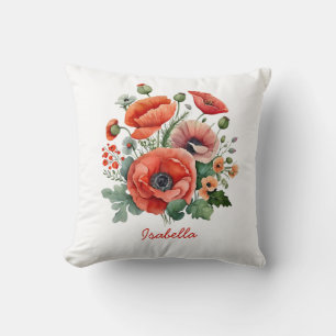 Custom Pretty Watercolor Red Poppies Floral Throw Pillow